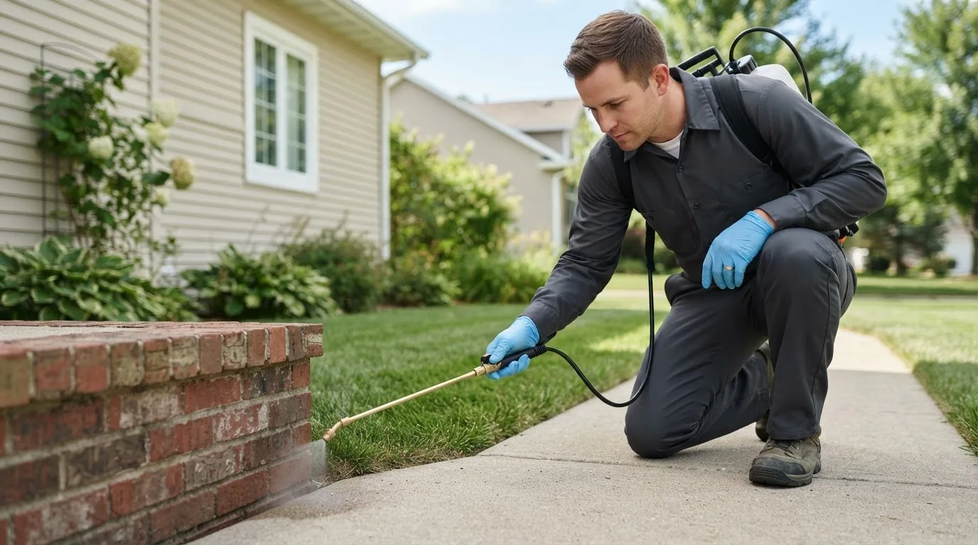 Pest control technician treating a home near Unionville Center, OH