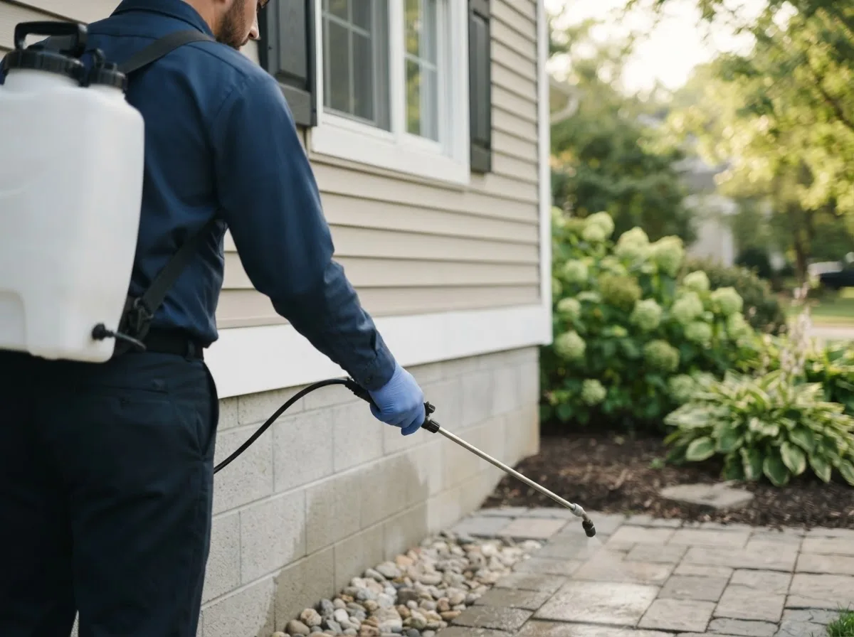 Pest control technician inspecting a home in Unionville Center, OH